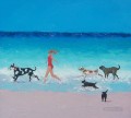 Niña y perros corriendo en la playa Impresionismo infantil